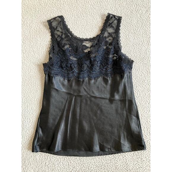 Vintage Cine Star Tank Top Small Satin Lace Round Neck Black Slip Cami Goth Y2K - Picture 1 of 14